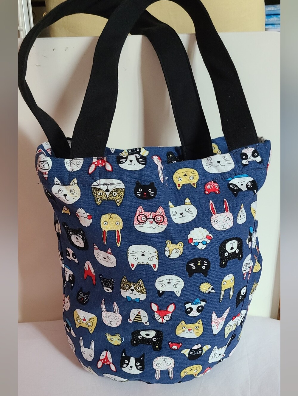 Blue Cat Pattern Canvas Tote Bag with Black Straps